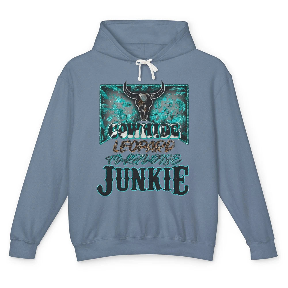 Bull Skull Cowhide Leopard Turquoise Junkie Western Country Unisex Lightweight Hoodie