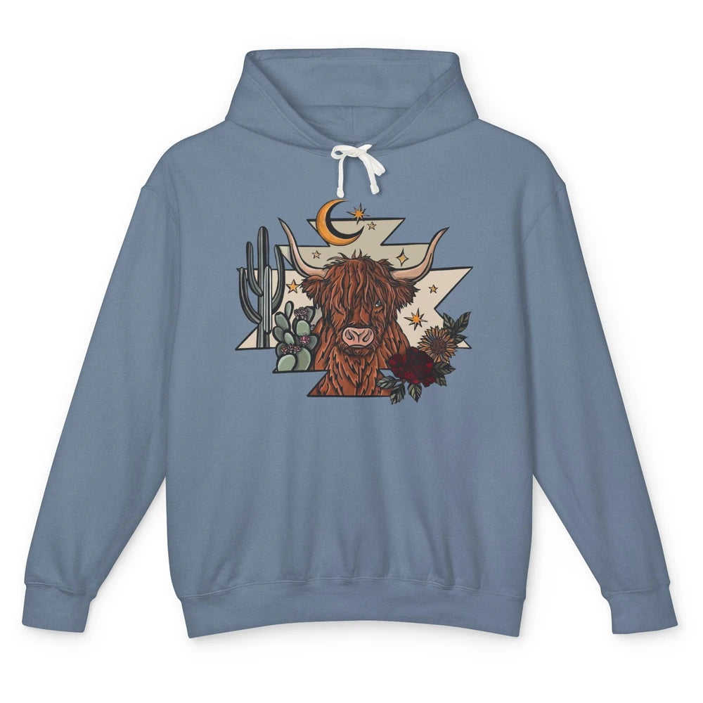 Retro Desert Cactus Highland Cow Western Country Cow Spirit Unisex Lightweight Hoodie