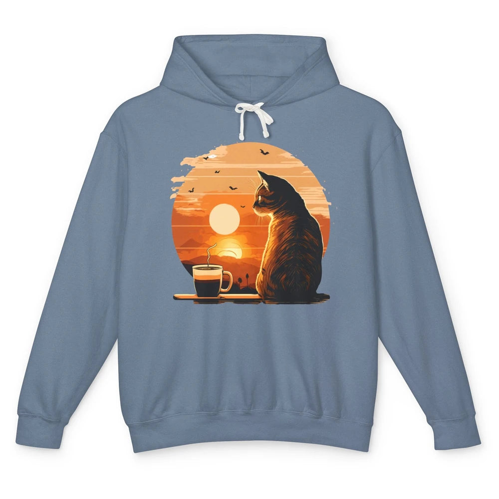 Coffee Cat And Vintage Sunset Love Drinking Coffee At Sunset Unisex Lightweight Hoodie