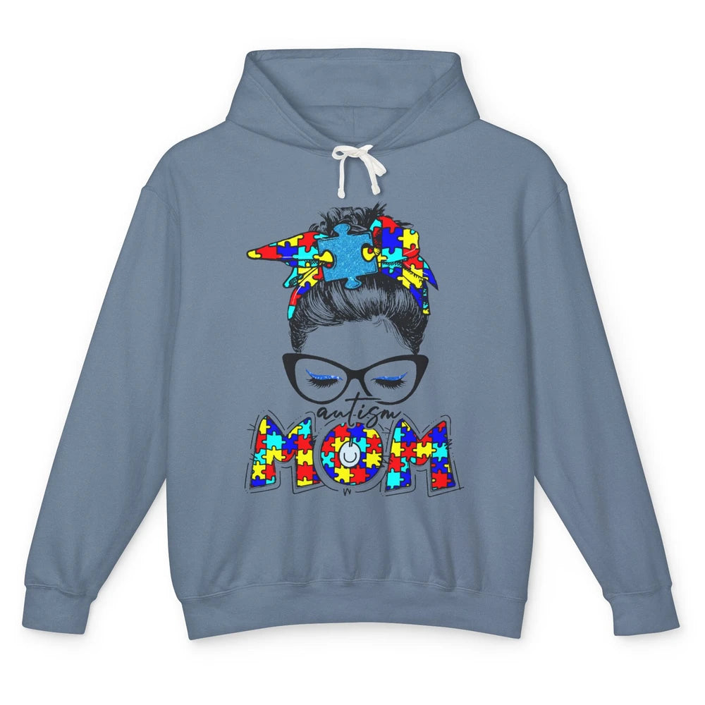 Autism Mom Messy Bun Bandana Puzzle Autism Awareness Month Unisex Lightweight Hoodie