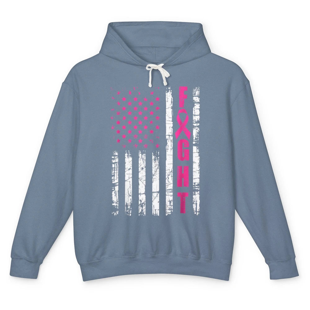 American Flag Fight Vintage Pink Ribbon Breast Cancer Month Unisex Lightweight Hoodie