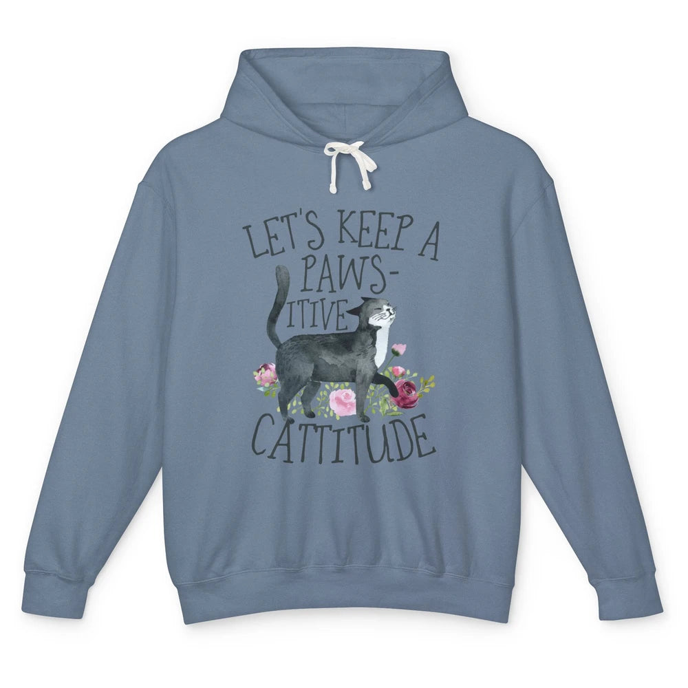 Watercolor Black Cat Lets Keep Pawsitive Cattitude Positive Unisex Lightweight Hoodie