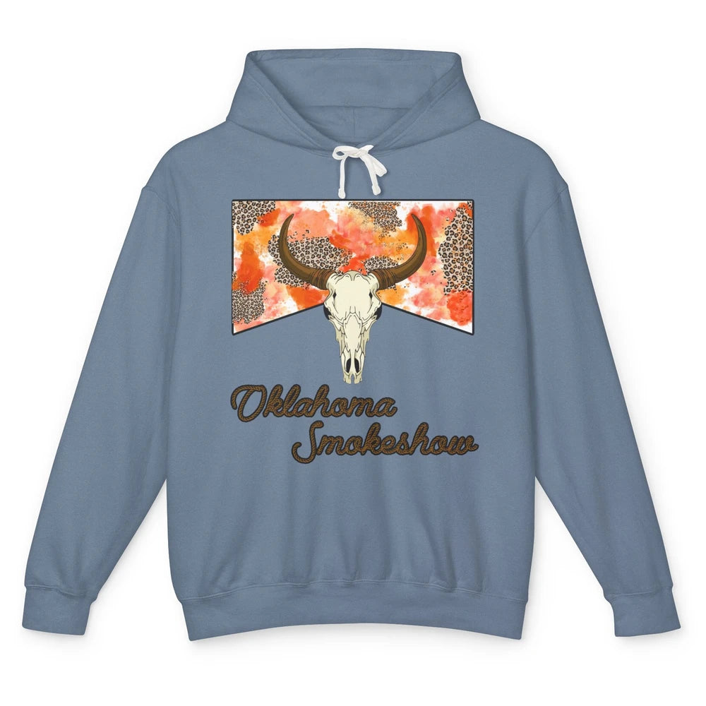 Boho Bull Skull Cow Print Oklahoma Smokeshow Western Country Unisex Lightweight Hoodie