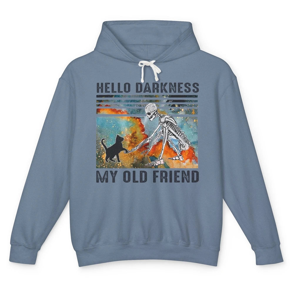 Black Cat And Skeleton Hello Darkness My Old Friend Cat Love Unisex Lightweight Hoodie