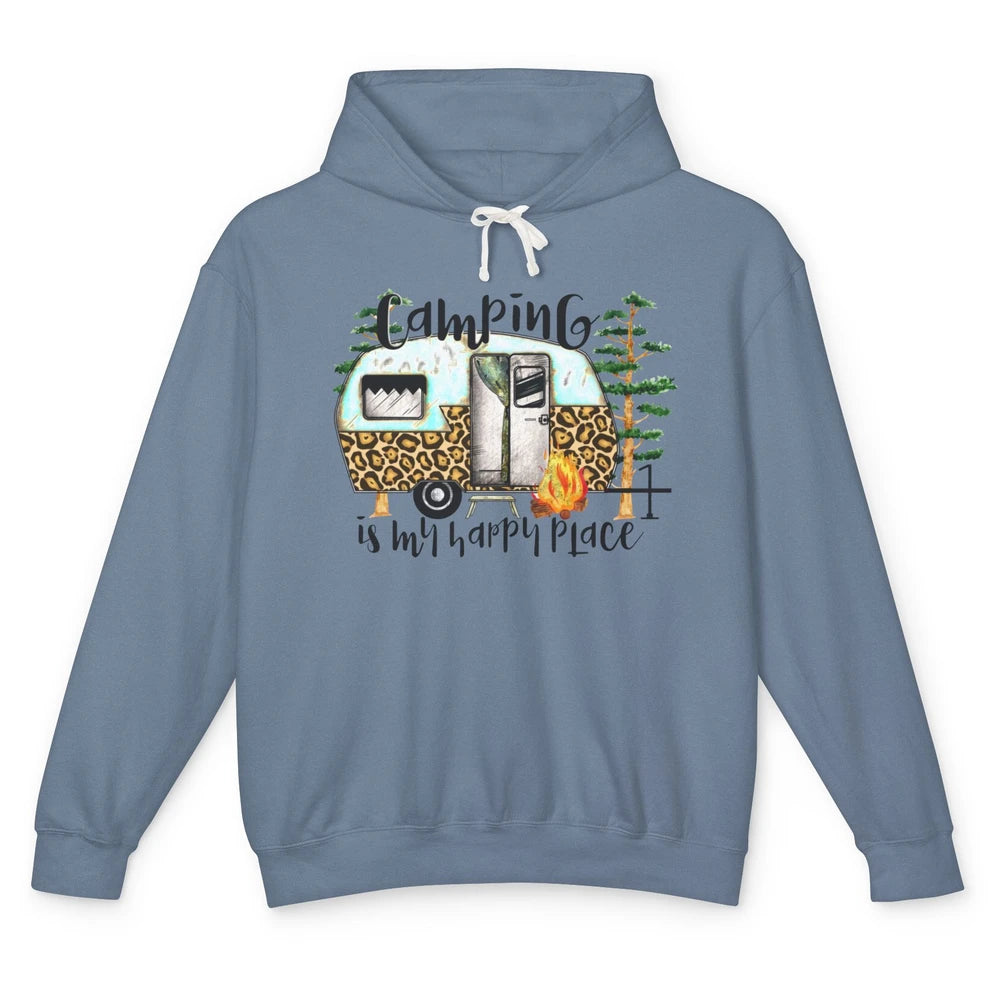 Campers Camping Is My Happy Place Leopard Camping Lover Gift Unisex Lightweight Hoodie