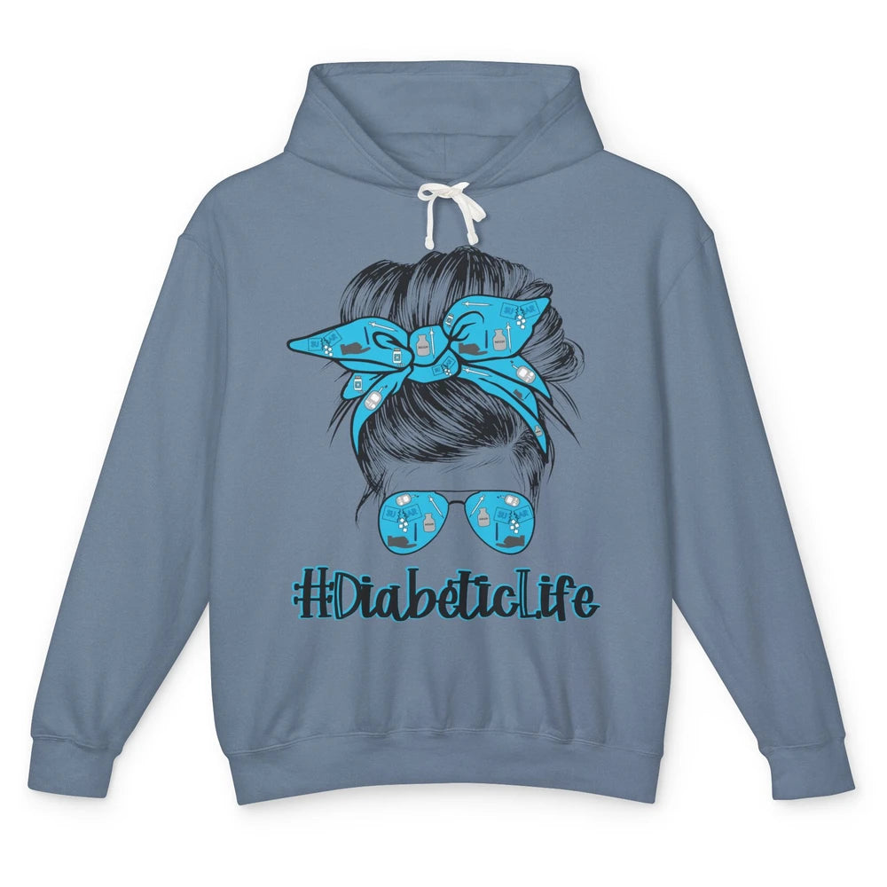 Diabetic Life Mom Messy Bun Blue Ribbon Diabetes Awareness Unisex Lightweight Hoodie