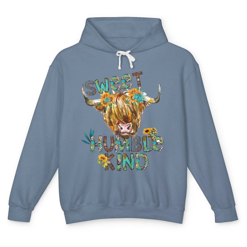 Highland Cow Sunflower Sweet Humble Kind Western Country Unisex Lightweight Hoodie