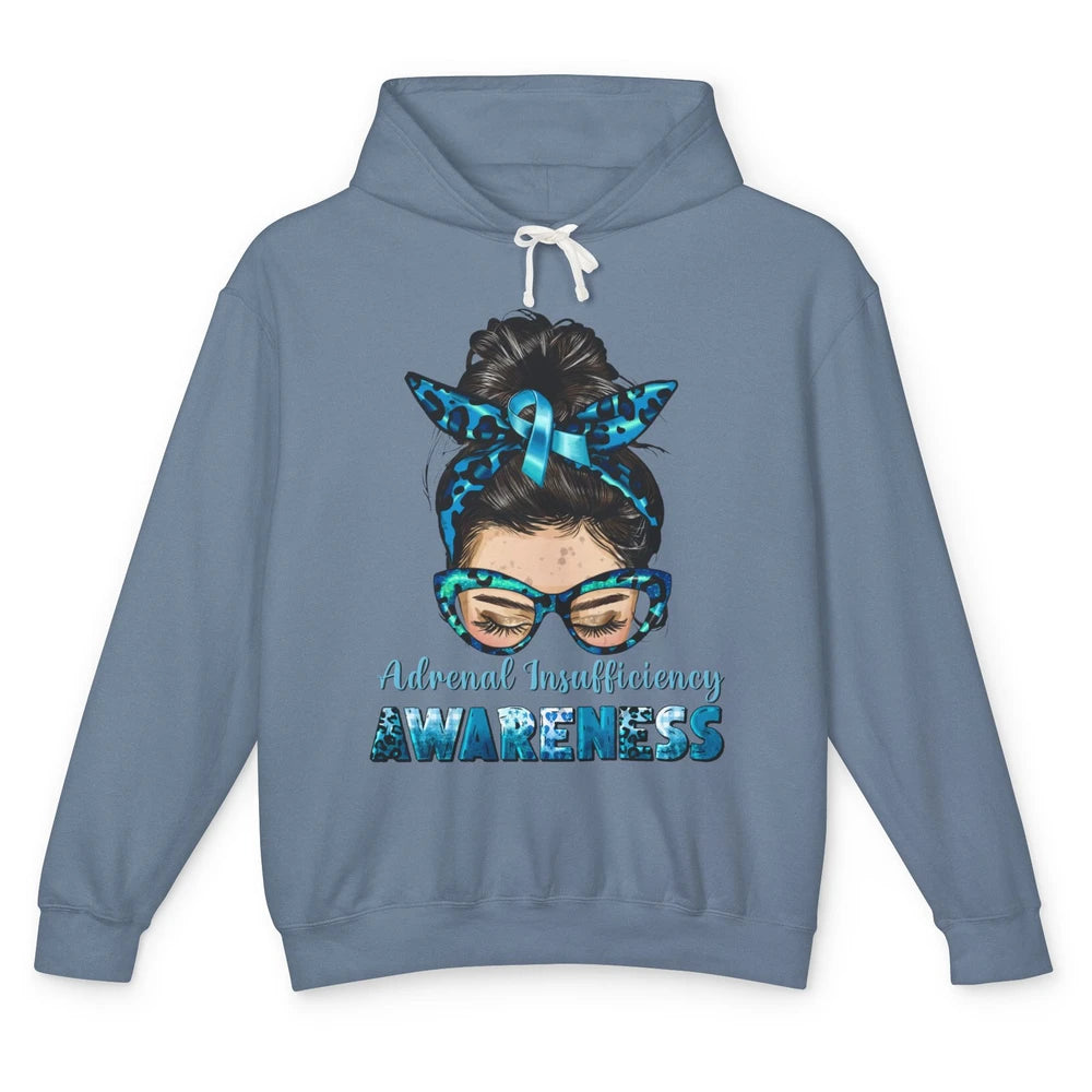 Adrenal Insufficiency Awareness Messy Bun Mom Blue Ribbon Unisex Lightweight Hoodie