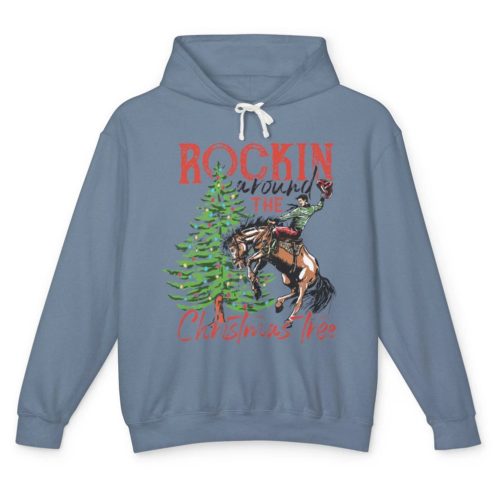 Funny Cowboy Horsing Rocking Around Christmas Tree Western Unisex Lightweight Hoodie