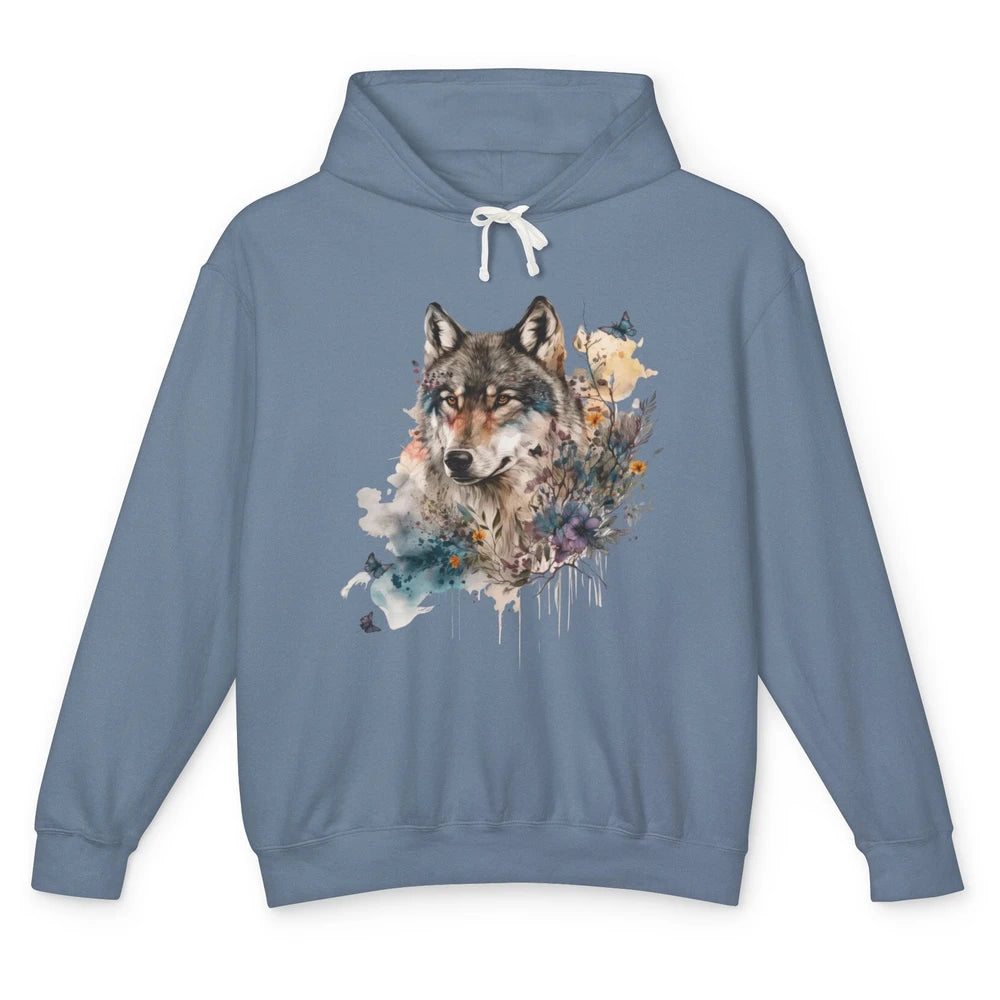 Watercolor Wolf Face Howl Butterfly Wolves Wild Animal Retro Unisex Lightweight Hoodie