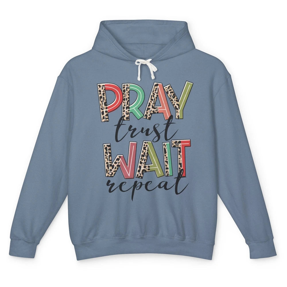 Retro Leopard Pray Wait Trust Repeat Christian Motivational Unisex Lightweight Hoodie