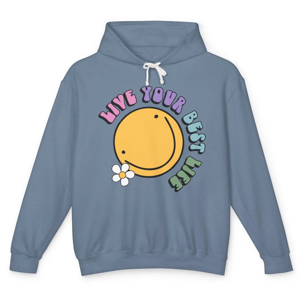 Retro Groovy Smile Face Live Your Best Life Motivational Unisex Lightweight Hoodie