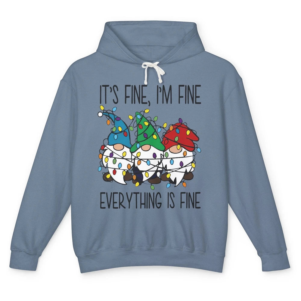 Funny Gnomes Christmas Light I'm Fine Everything's Fine Unisex Lightweight Hoodie