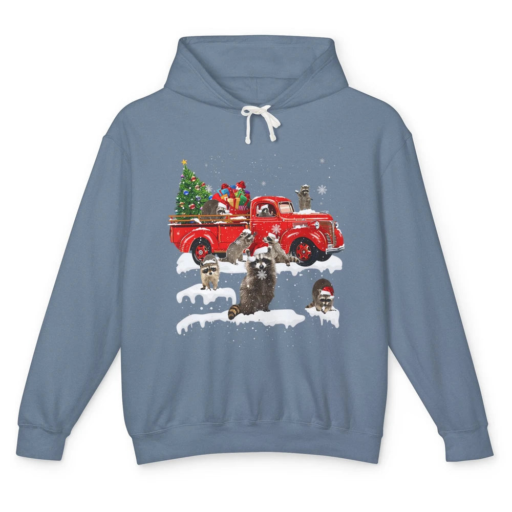 Funny Red Truck Raccoon Xmas Tree Lights Merry Christmas Unisex Lightweight Hoodie