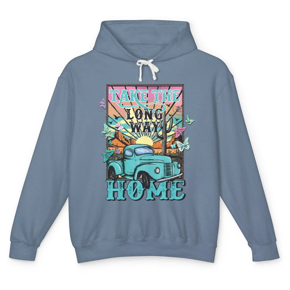 Retro Mountain Sunset Take The Long Way Home Western Country Unisex Lightweight Hoodie