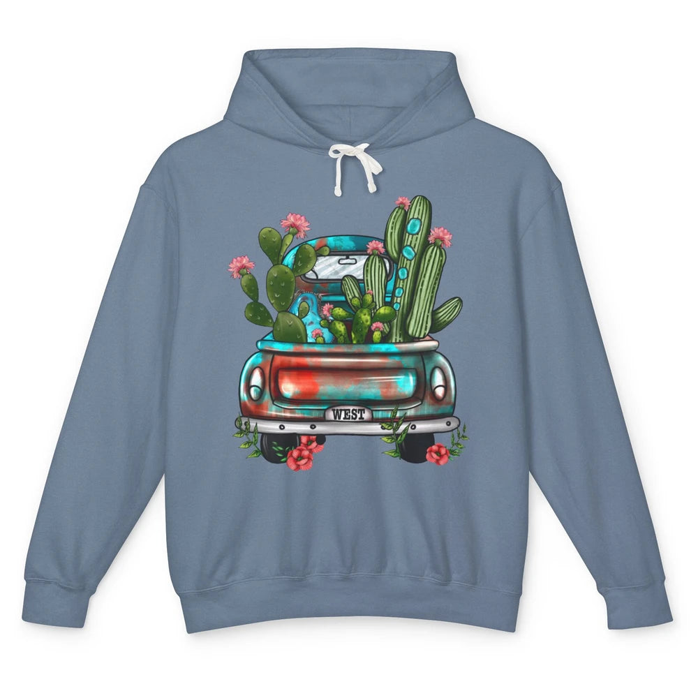 Turquoise Western Truck Desert Cactus Go West Western Gift Unisex Lightweight Hoodie