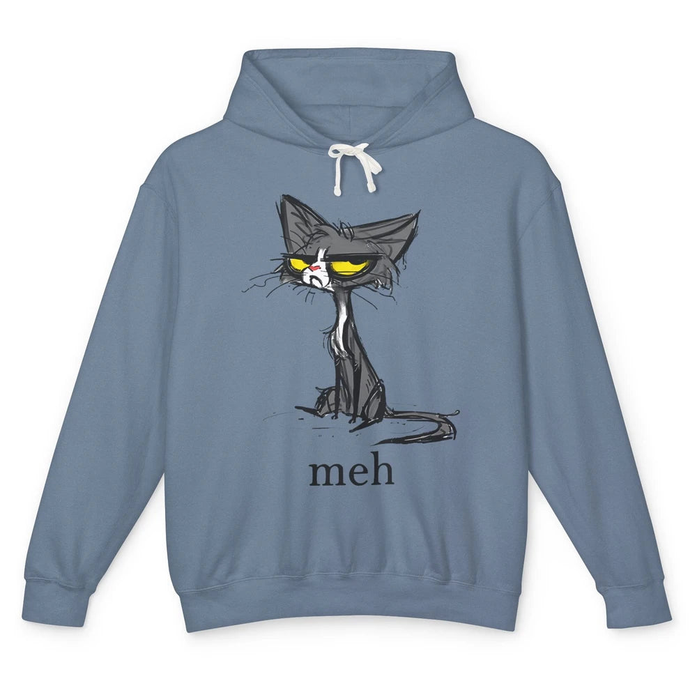 Funny Meh Grumpy Black Cat Sarcastic Kitten Angry Cat Mom Unisex Lightweight Hoodie