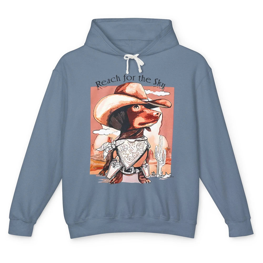 Funny Dachshund Cowboy Hat Reach For The Sky Dog Cactus Unisex Lightweight Hoodie