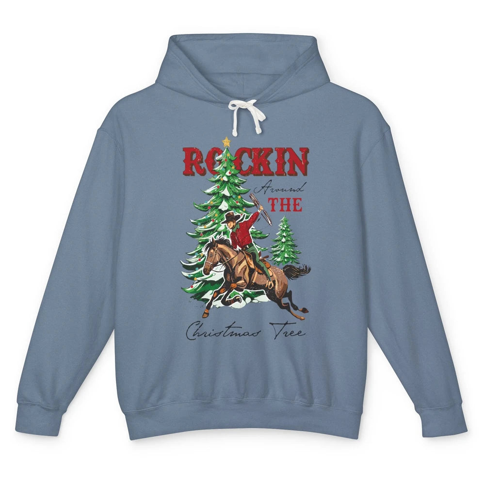 Retro Horsing Cowboy Rocking Around Christmas Tree Western Unisex Lightweight Hoodie