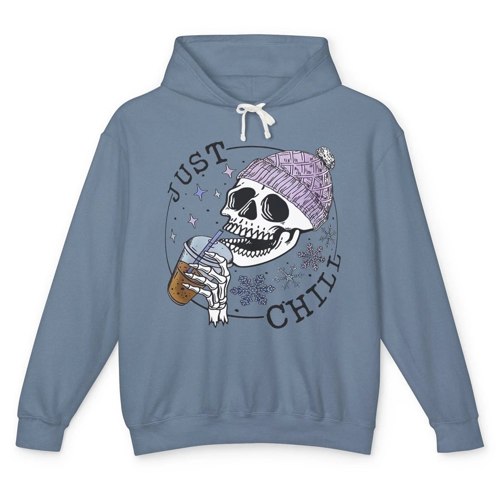 Funny Skeleton Coffee Just Relax Snowflakes Christmas Unisex Lightweight Hoodie