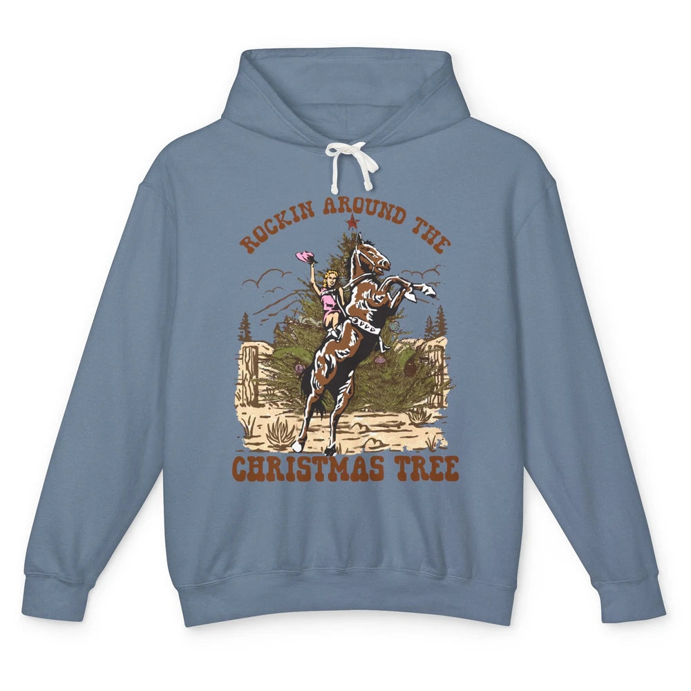 Funny Cowgirl Horsing Rocking Around Christmas Tree Western Unisex Lightweight Hoodie