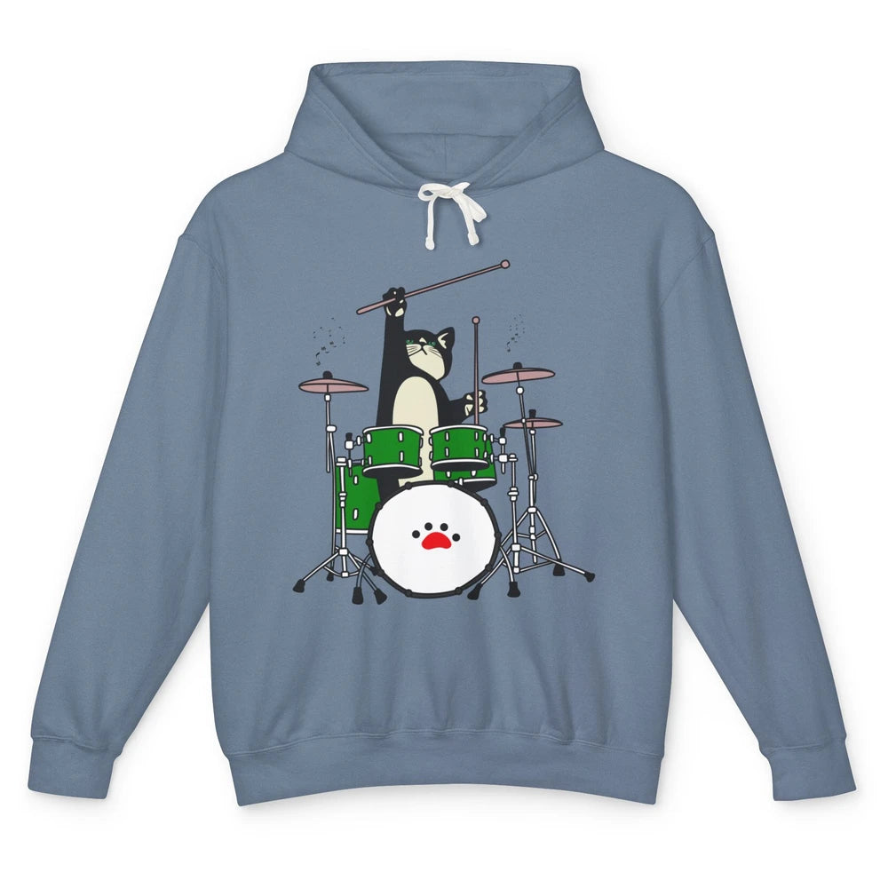 Funny Black Cat Playing Drum Drummer Kitten Musician Song Unisex Lightweight Hoodie