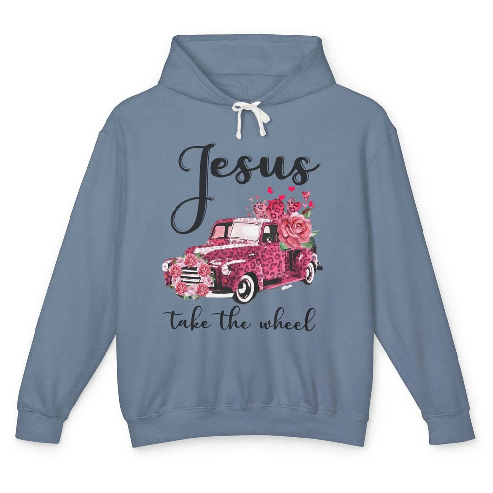 Christian Girl Jesus Take The Wheel Leopard Car and Roses Unisex Lightweight Hoodie