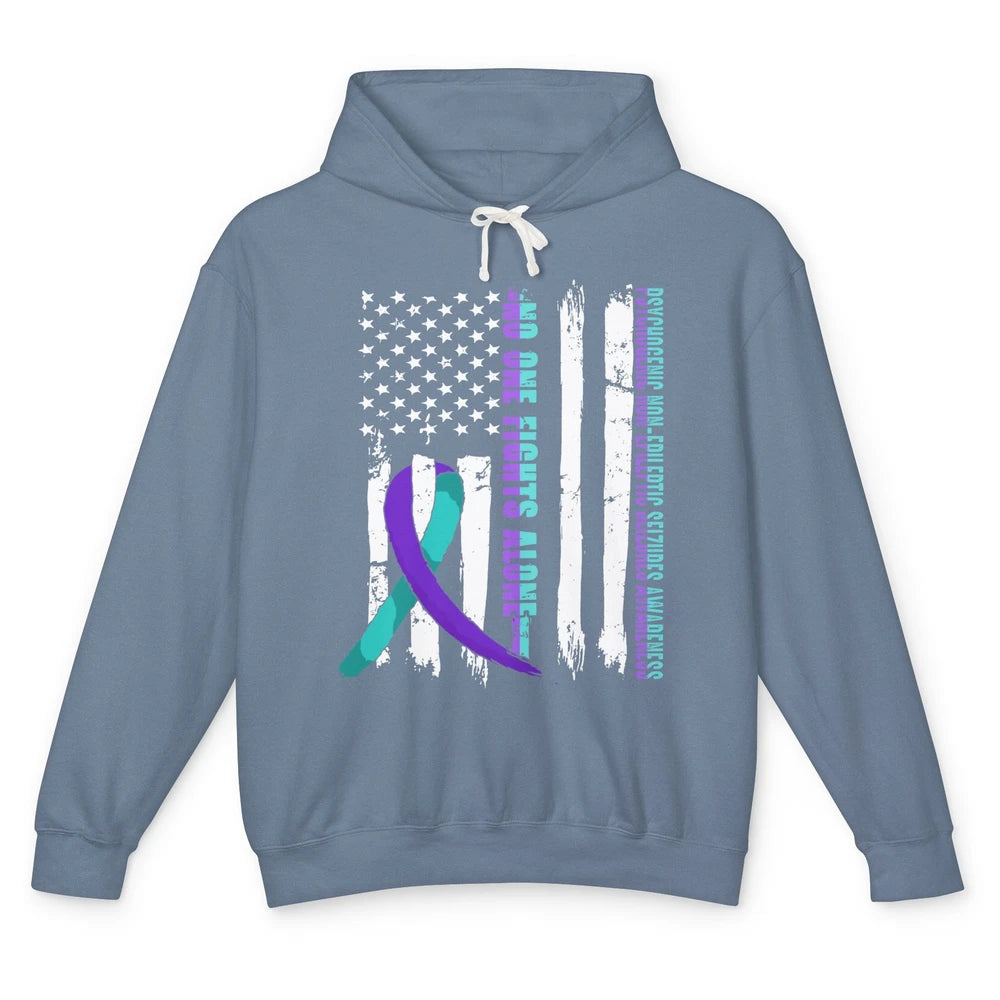 PNES Awareness Purple Teal Ribbon No One Fight Alone US Flag Unisex Lightweight Hoodie