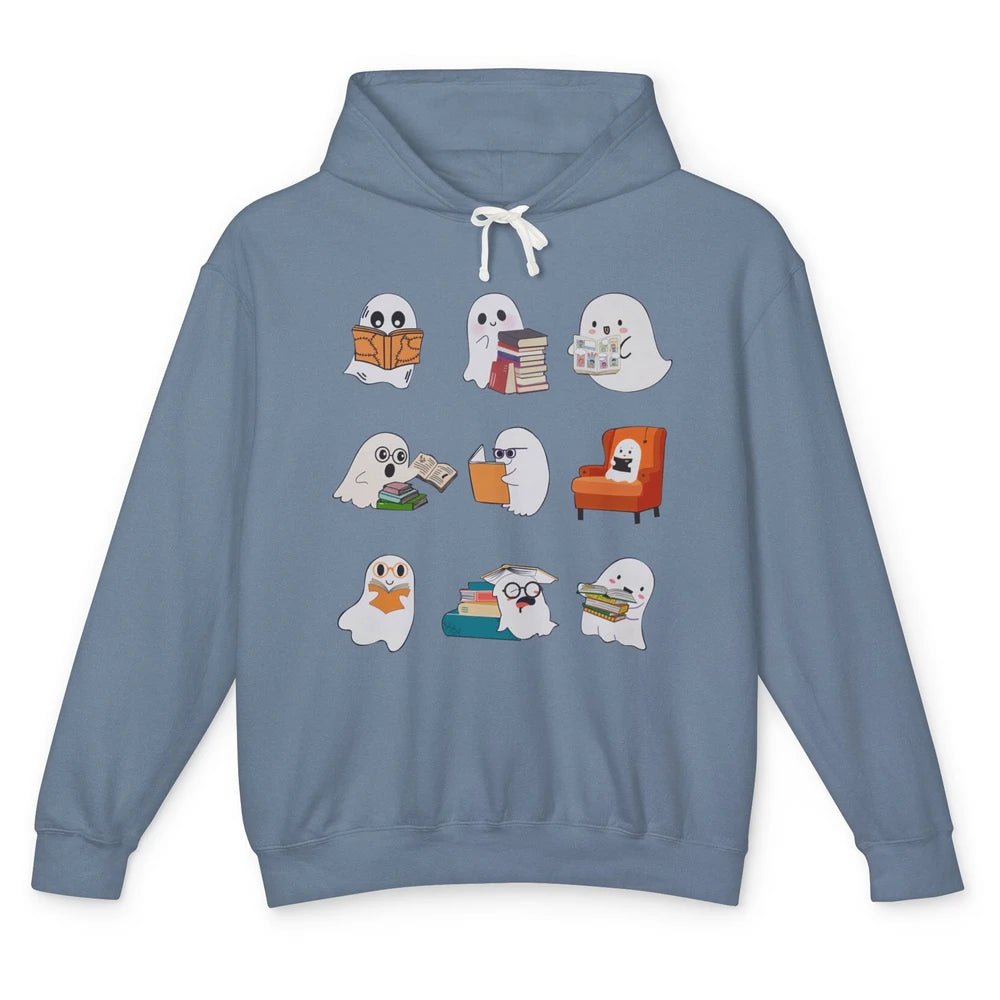 Kawaii Ghost Reading Book Halloween School Spooky Librarian Unisex Lightweight Hoodie