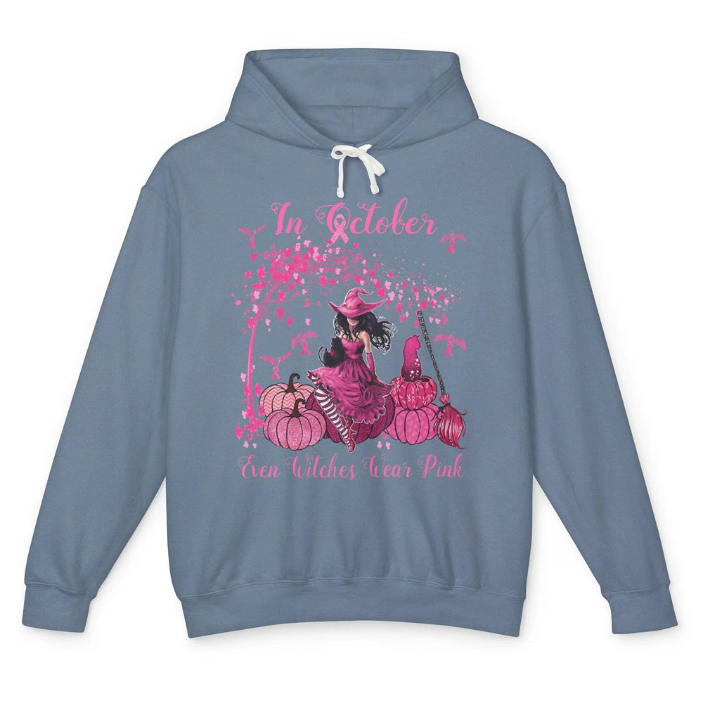 Breast Cancer In October Even Witches Wear Pink Ribbon Fall Unisex Lightweight Hoodie