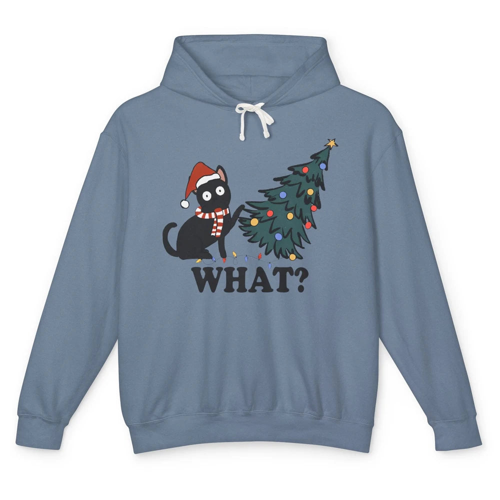 Funny Black Cat Pushing Christmas Tree What? Christmas Cat Unisex Lightweight Hoodie