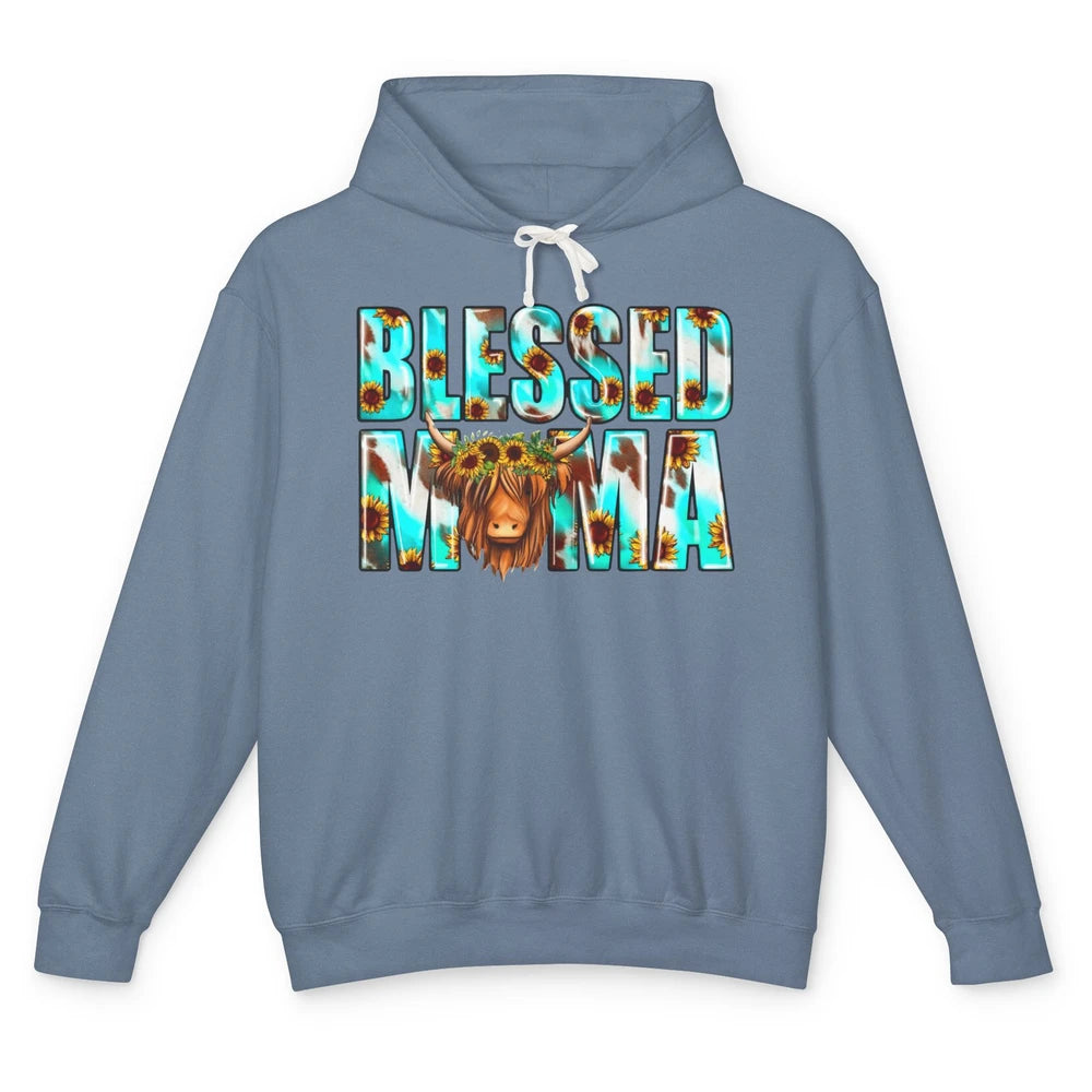 Retro Sunflower Highland Cow Blessed Mama Western Cow Mama Unisex Lightweight Hoodie