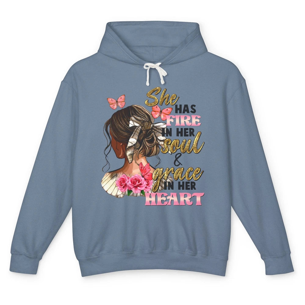 Messy Bun She Has Fire In Her Soul Grace In Heart Christian Unisex Lightweight Hoodie