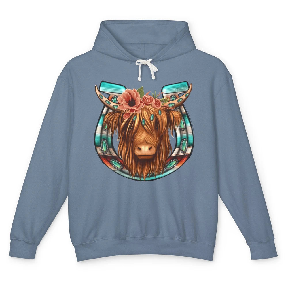 Floral Highland Cow Heifer Horseshoe Western Country Cowboy Unisex Lightweight Hoodie