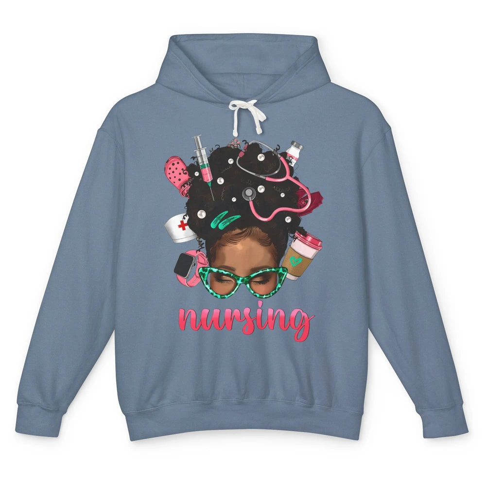 Afro Black Woman Nurse Life Nursing Therapist Messy Hair Bun Unisex Lightweight Hoodie