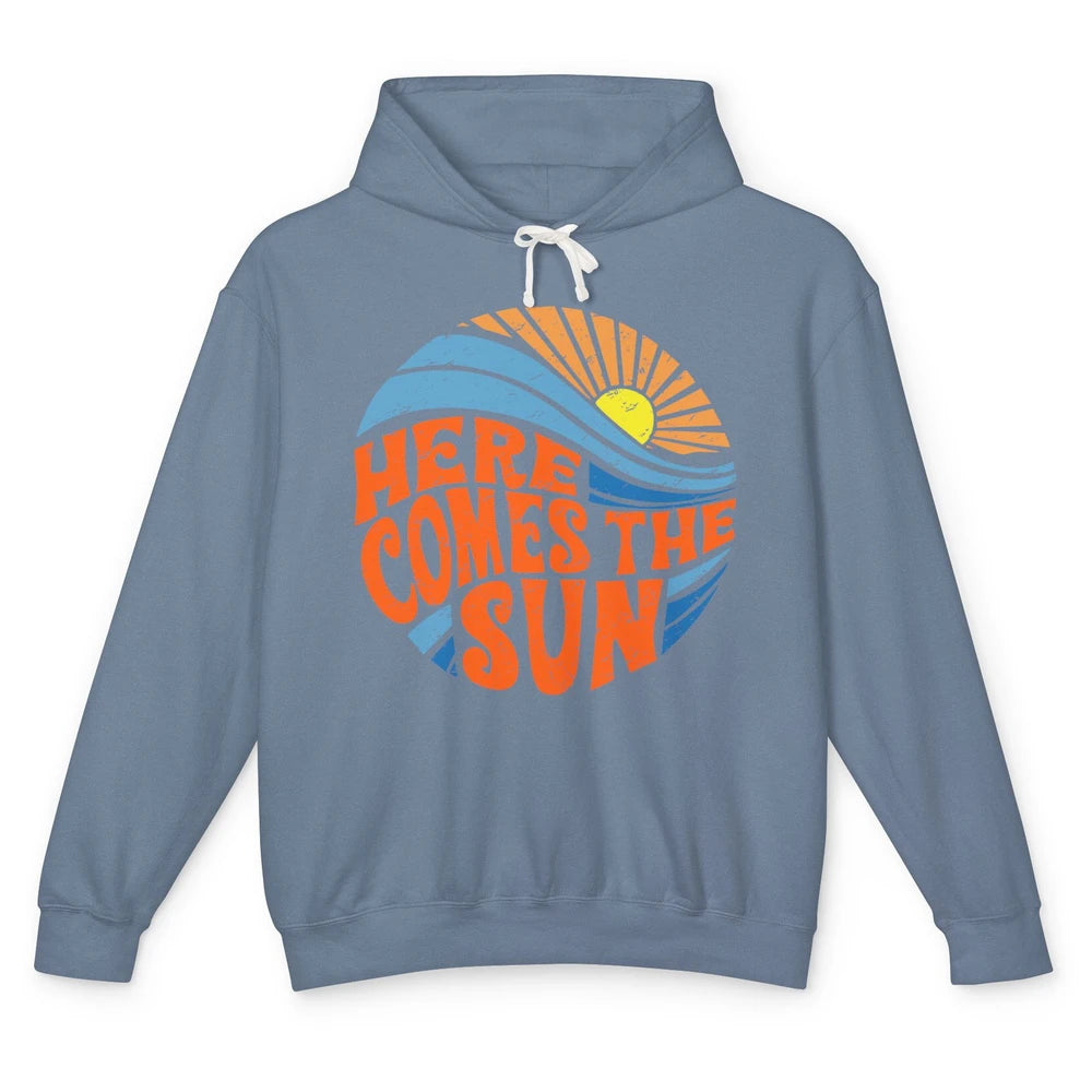 Retro Rainbow Sunrise Here Comes The Sun Hippie Girl Unisex Lightweight Hoodie