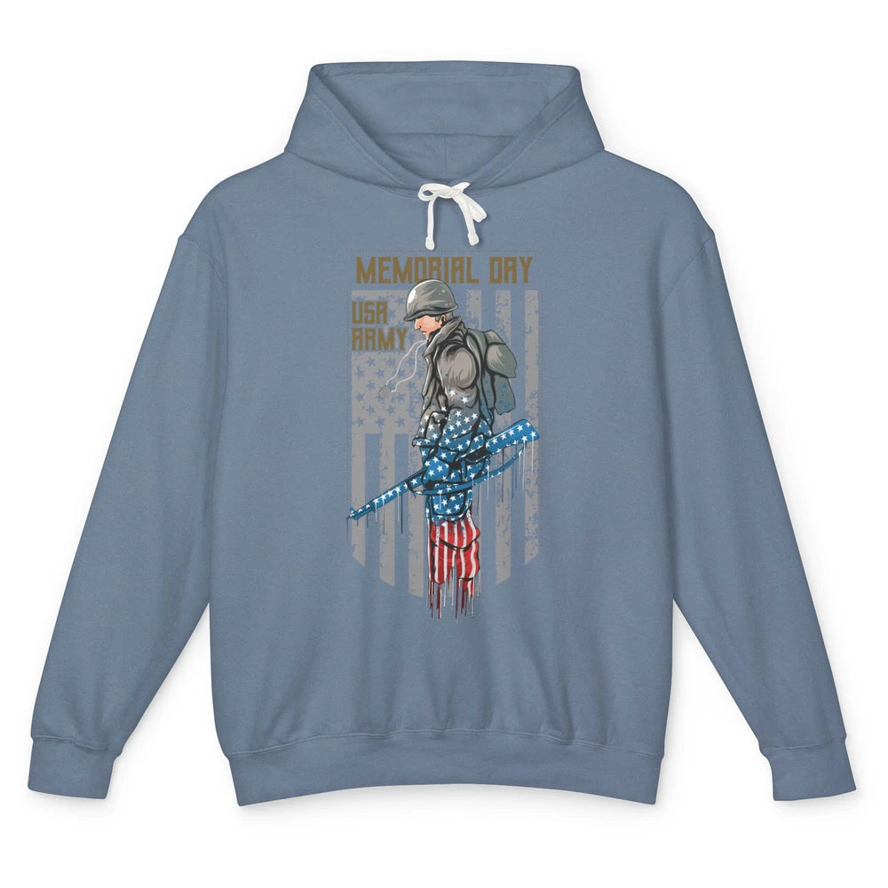 US Army Veteran With Gun American Flag US Pride Memorial Day Unisex Lightweight Hoodie