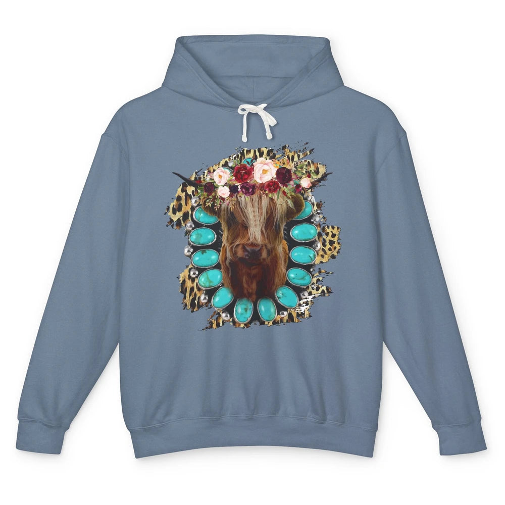 Floral Highland Cow Turquoise Western Country Cowboy Leopard Unisex Lightweight Hoodie