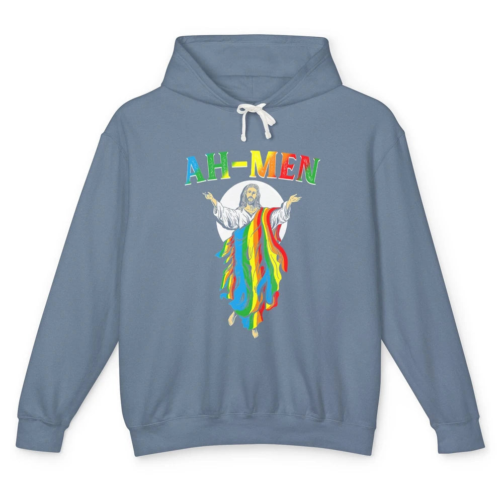 Ah Men LGBT Gay Pride Jesus Christian God Rainbow Flag Love Unisex Lightweight Hoodie