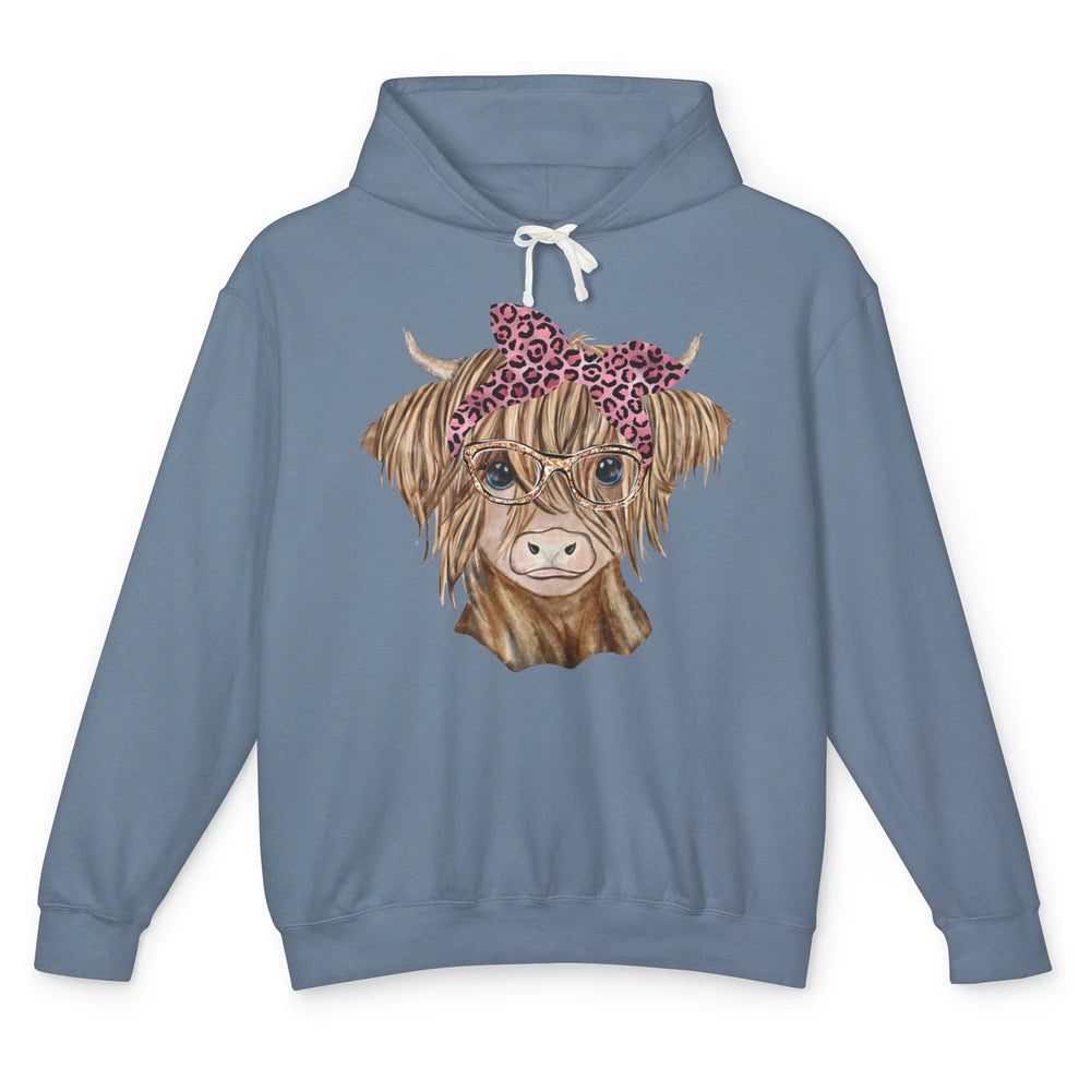 Leopard Bandana Highland Cow Baby Heifer Glasses Farmer Gift Unisex Lightweight Hoodie