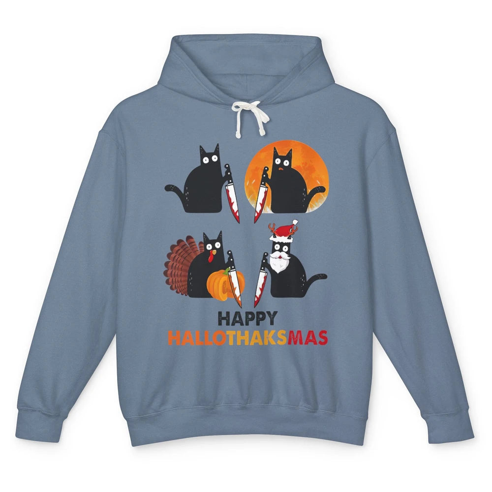 Funny Murderous Cat Turkey Hallo-thank-mas Thanksgiving Xmas Unisex Lightweight Hoodie