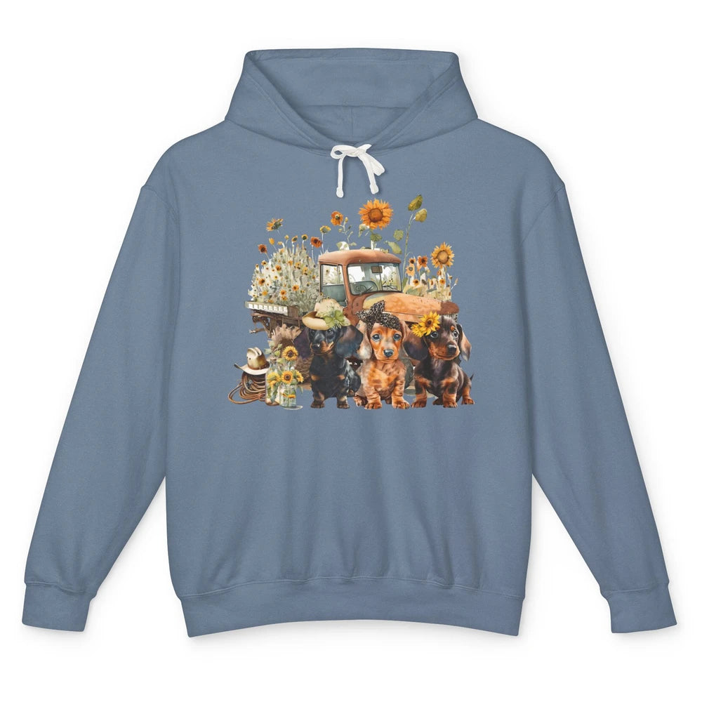 Vintage Truck And Sunflower Dachshund Mom Dachshund Lovers Unisex Lightweight Hoodie