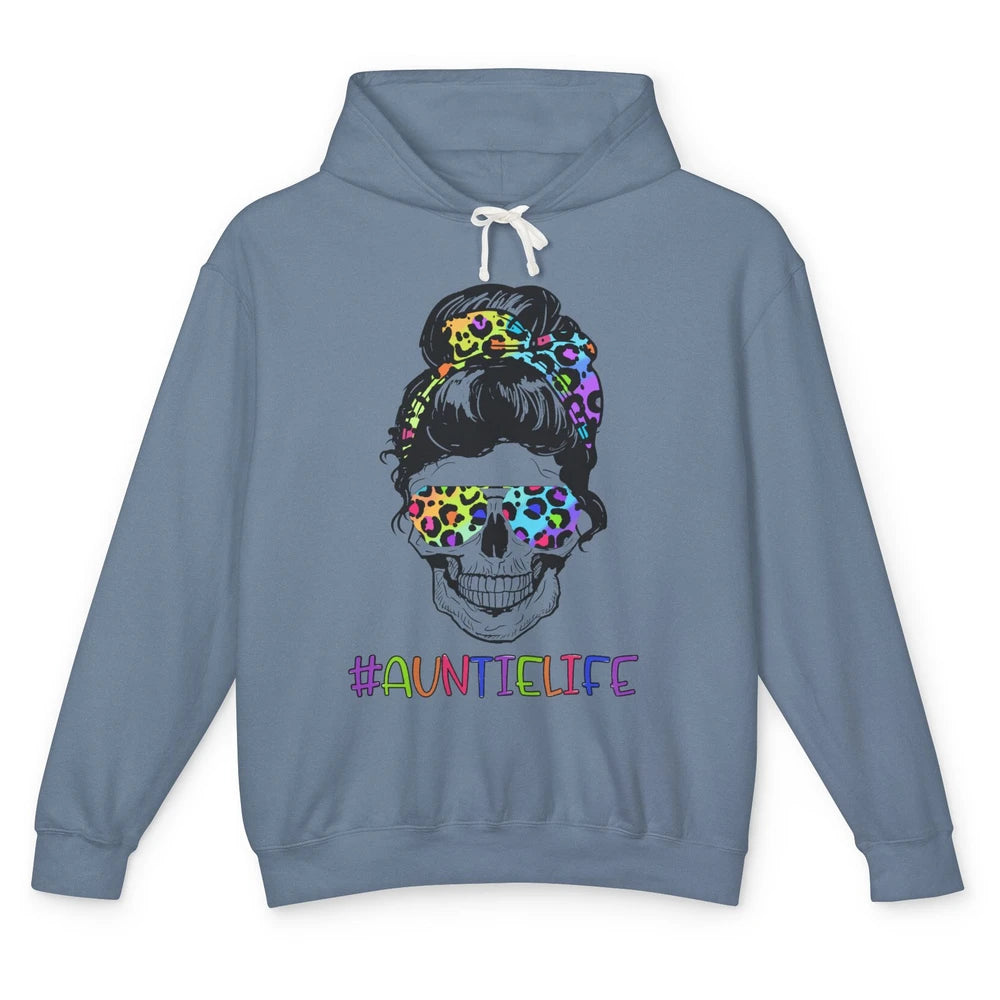 Leopard Messy Bun Skull Rainbow Auntie Life Aunt Mothers Day Unisex Lightweight Hoodie