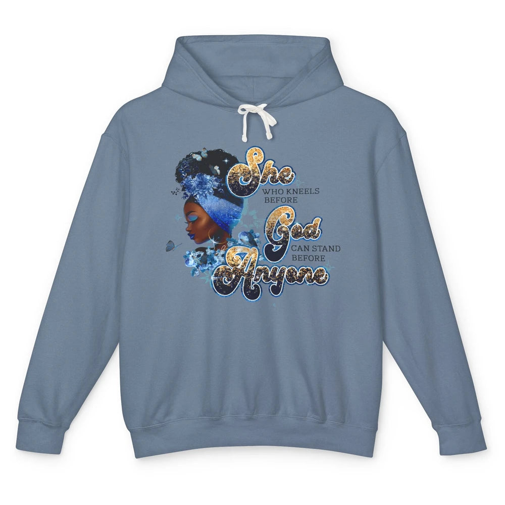 Black Woman She Who Kneels Before God Can Stand Christian Unisex Lightweight Hoodie