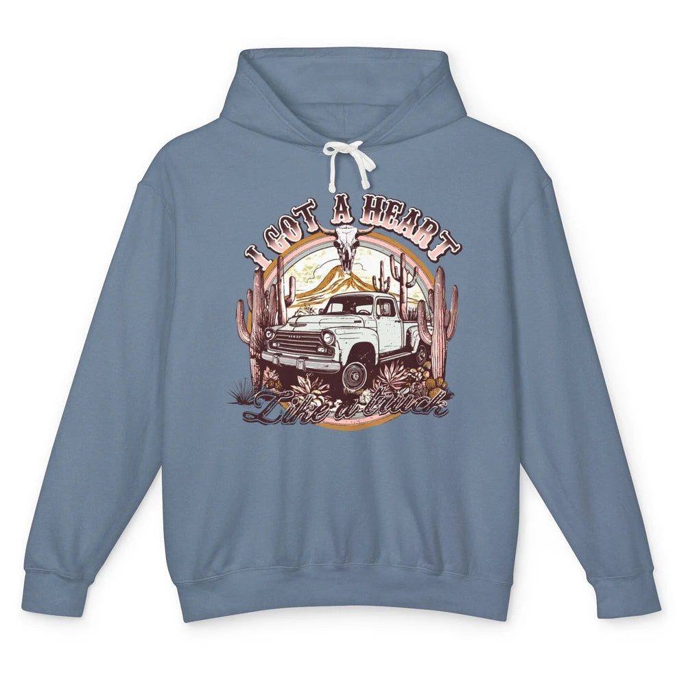 Retro Desert Bull Skull I Got A Heart Like A Truck Western Unisex Lightweight Hoodie