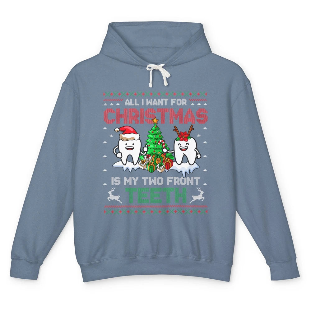 Merry Christmas Funny Two Teeth Dentist Xmas Tree Santa Ugly Unisex Lightweight Hoodie