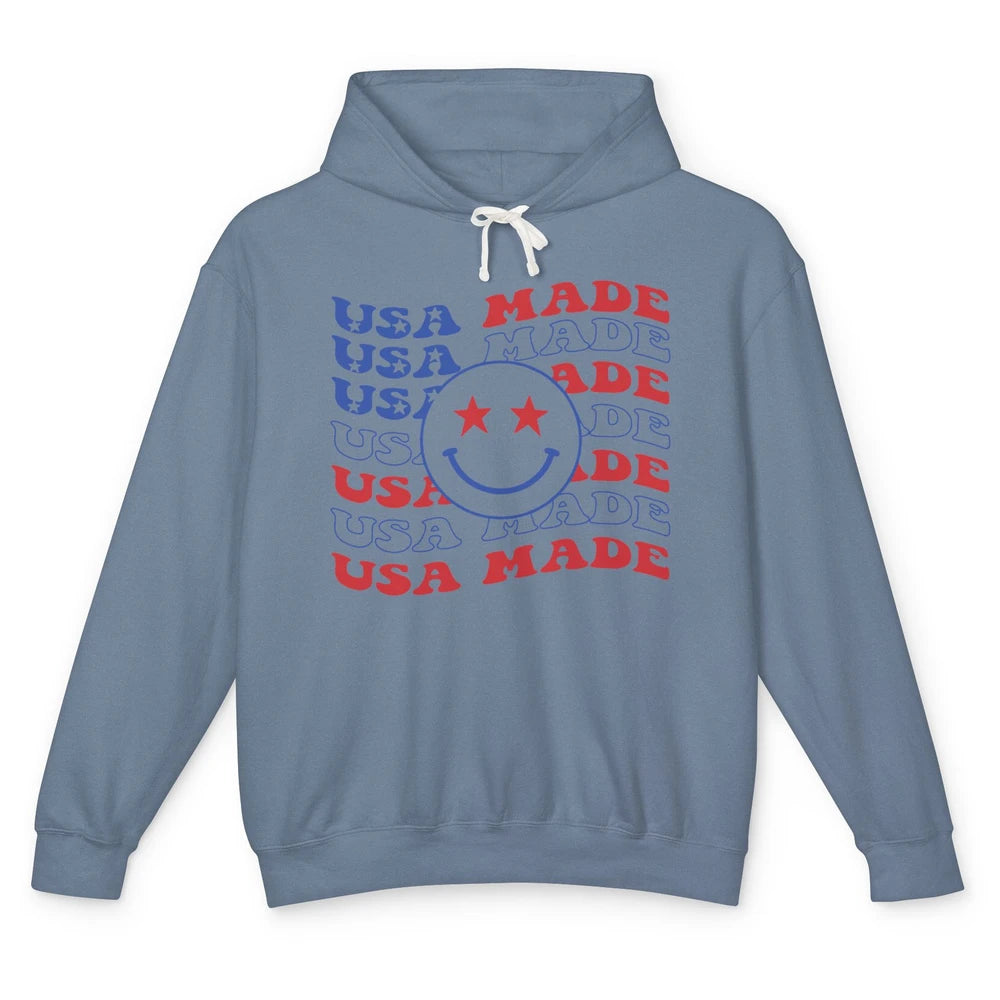 US Flag America Made Smiley Face July 4th American Patriots Unisex Lightweight Hoodie