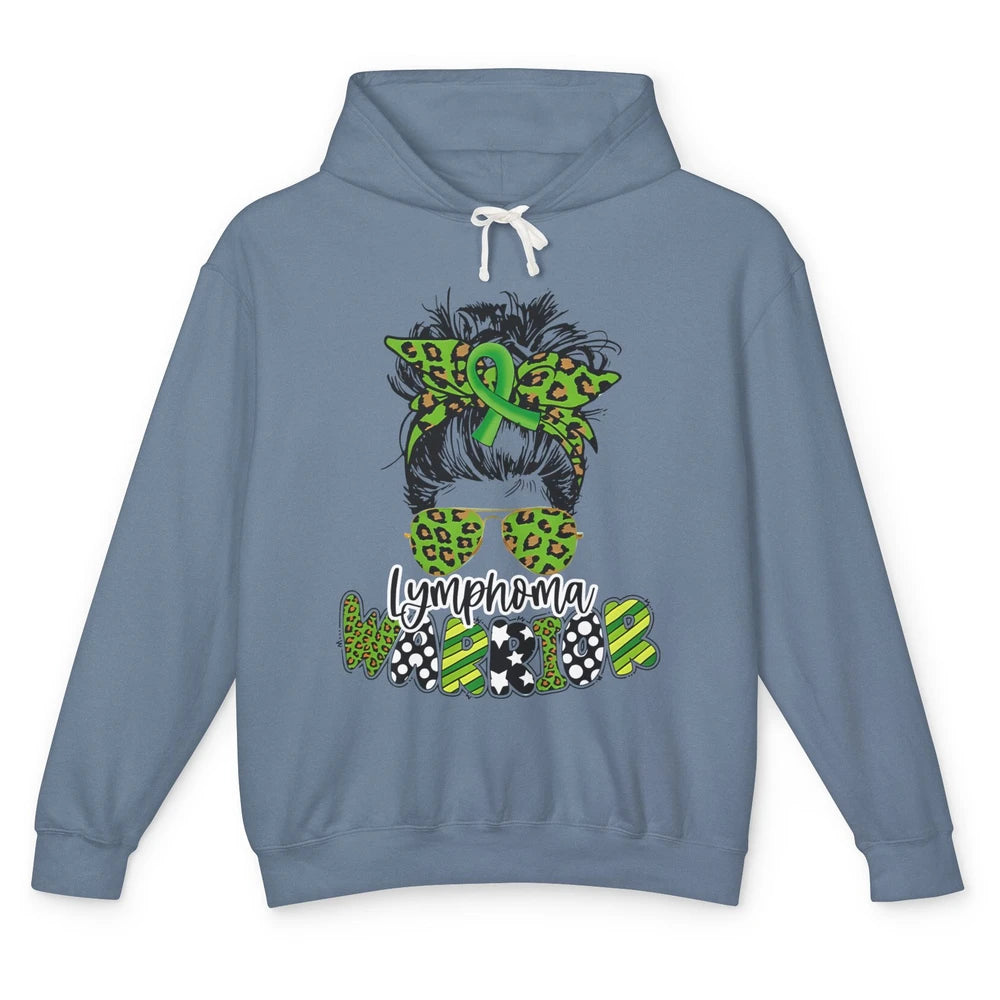 Warrior Fight Lymphoma Cancer Green Leopard Ribbon Messy Bun Unisex Lightweight Hoodie