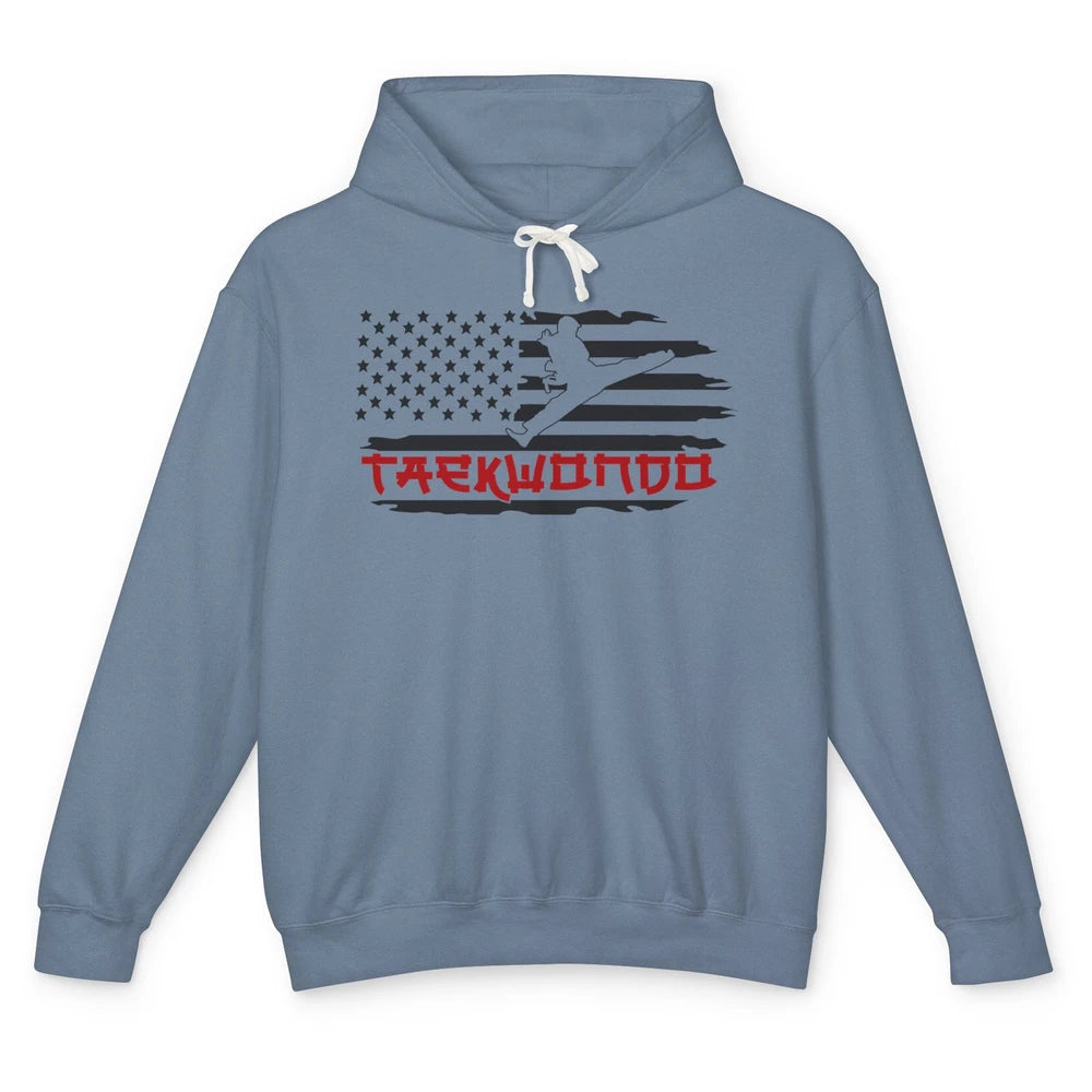 Taekwondo American Flag Karate Girl Boy Martial Art Gift Unisex Lightweight Hoodie