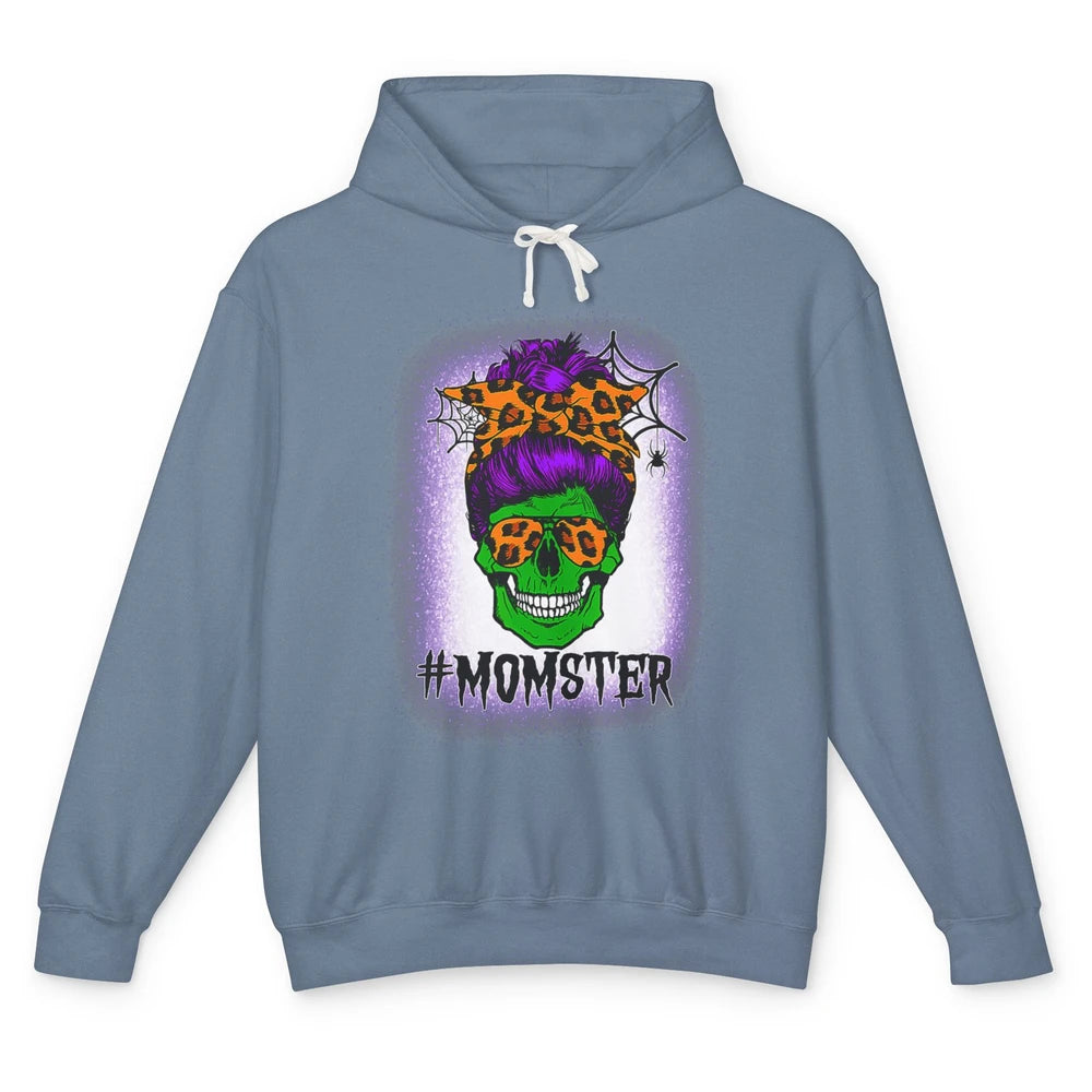 Retro Momster Messy Bun Skull Mom Halloween Spooky Mama Goth Unisex Lightweight Hoodie